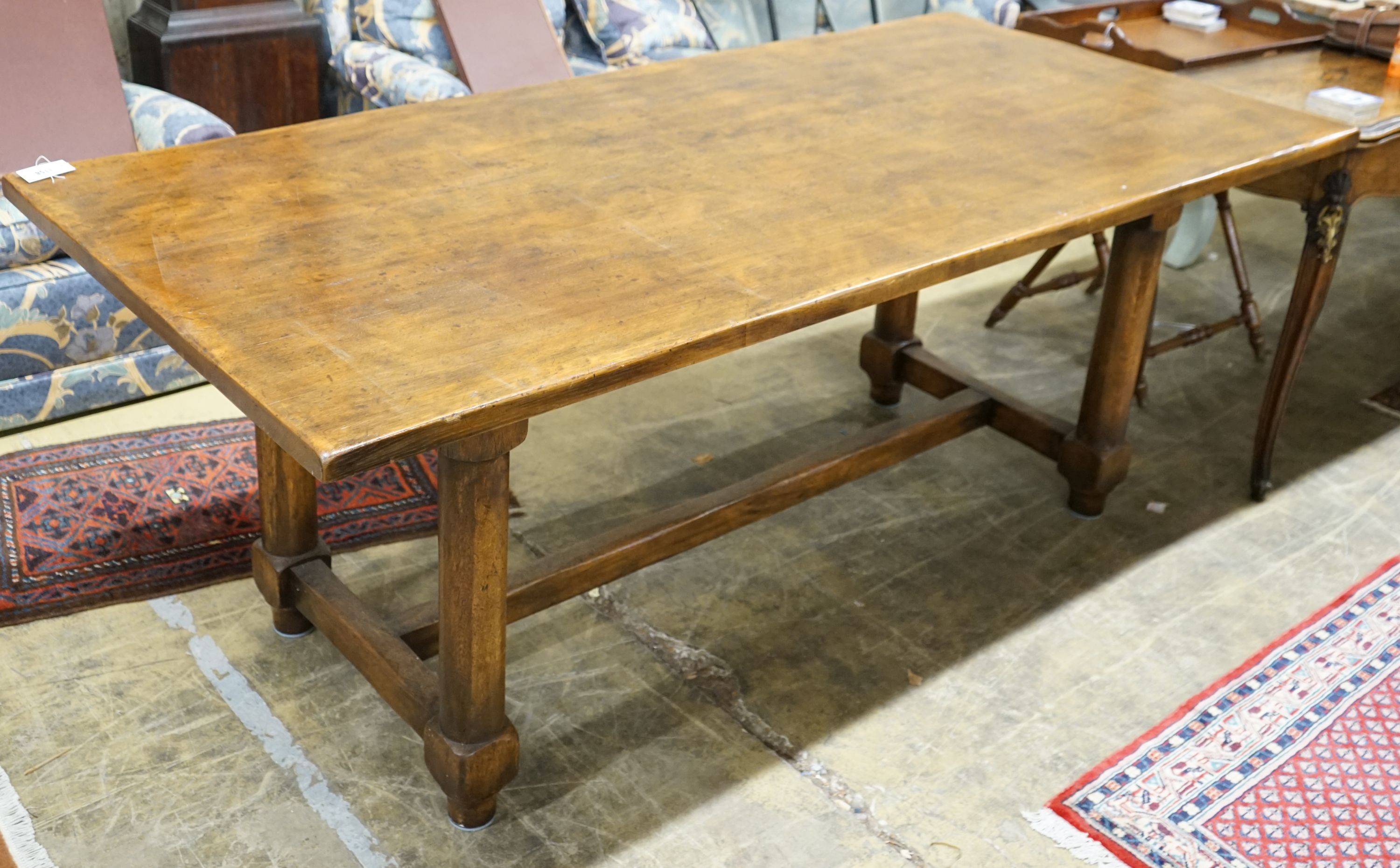 An 18th century style rectangular oak refectory dining table, length 198cm, depth 92cm, height 76cm